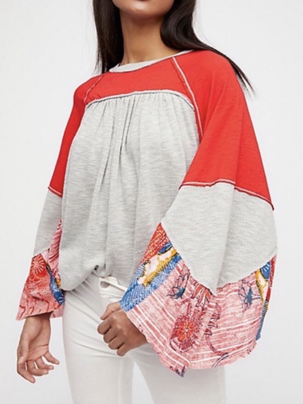 Free People Womans Friday Fever Boho Colorblock Red and Light Gray Peasant Top M